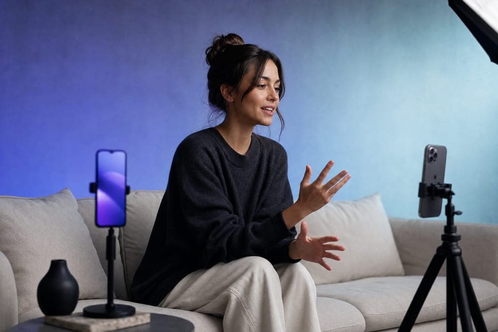 Creator recording short-form video content in a minimal studio