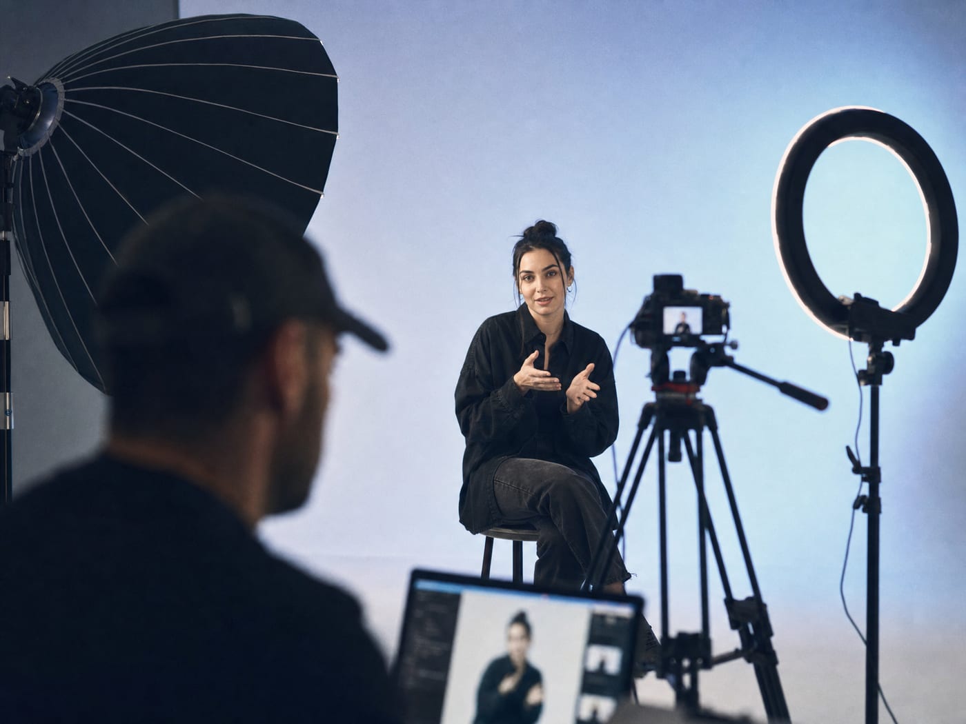 A creator recording short-form video content in a modern studio