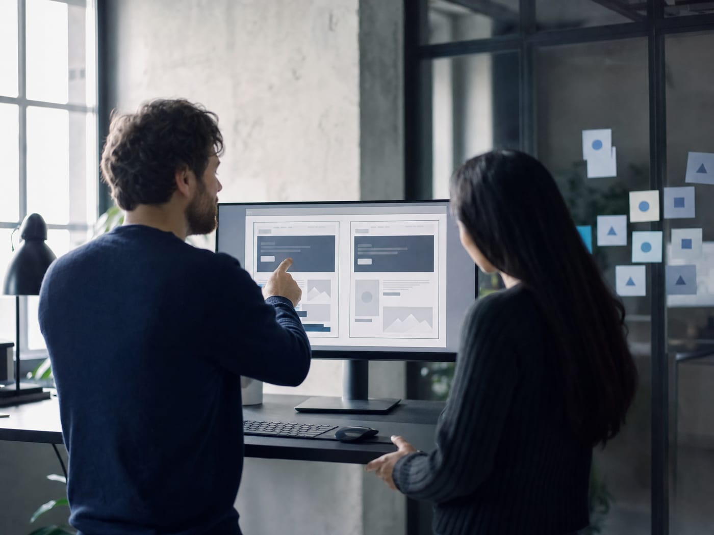 Two specialists comparing two versions of a landing page layout