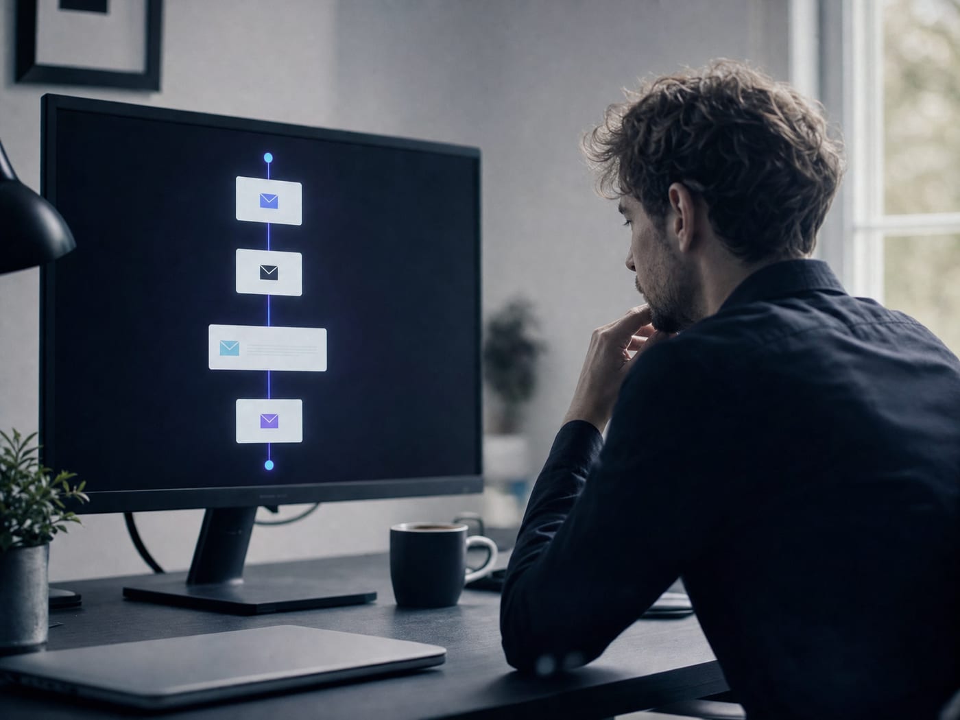 A marketer reviewing an email lifecycle sequence on a monitor
