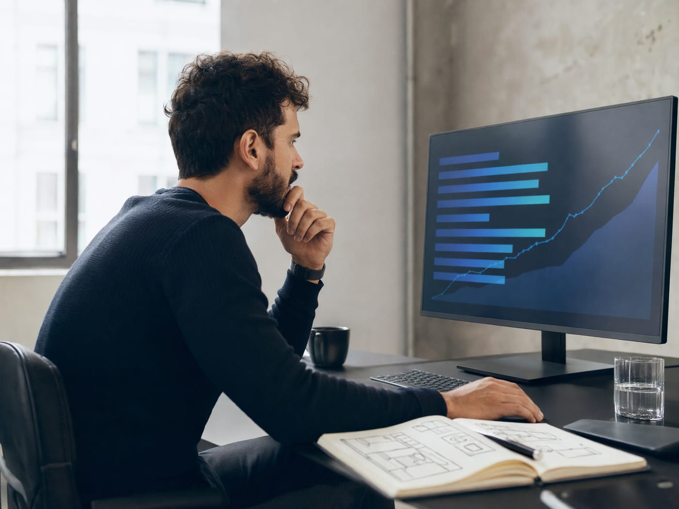 SEO-Spezialist analysiert Rankings und Traffic-Entwicklung am Monitor