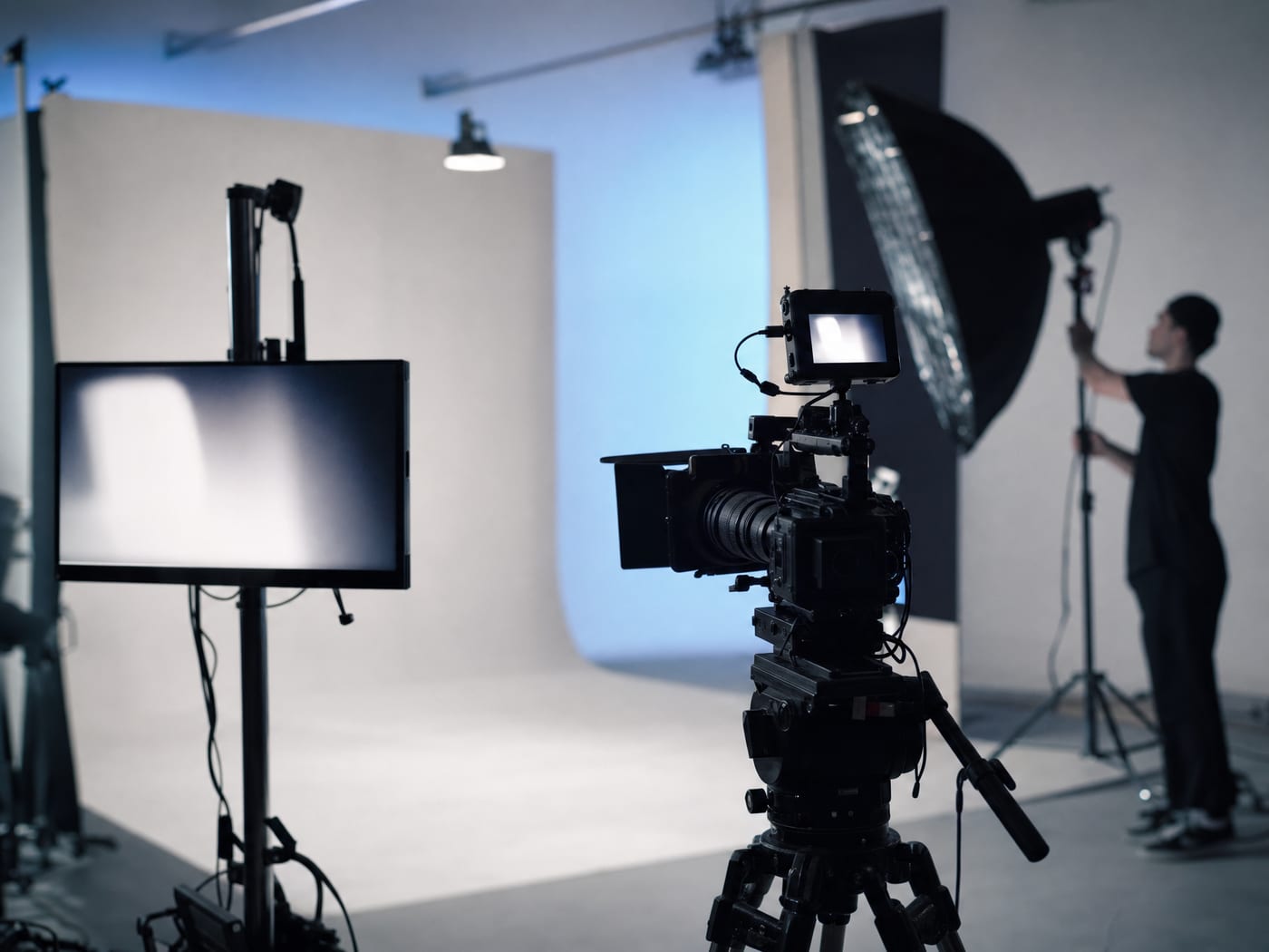 A content team reviewing an editorial plan and video production setup